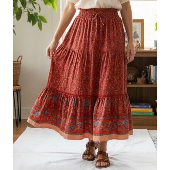 Unbranded Dresses & Skirts - Red Bohemian Floral Tiered Maxi Skirt – Rust Red Smocked High-Waist  size S